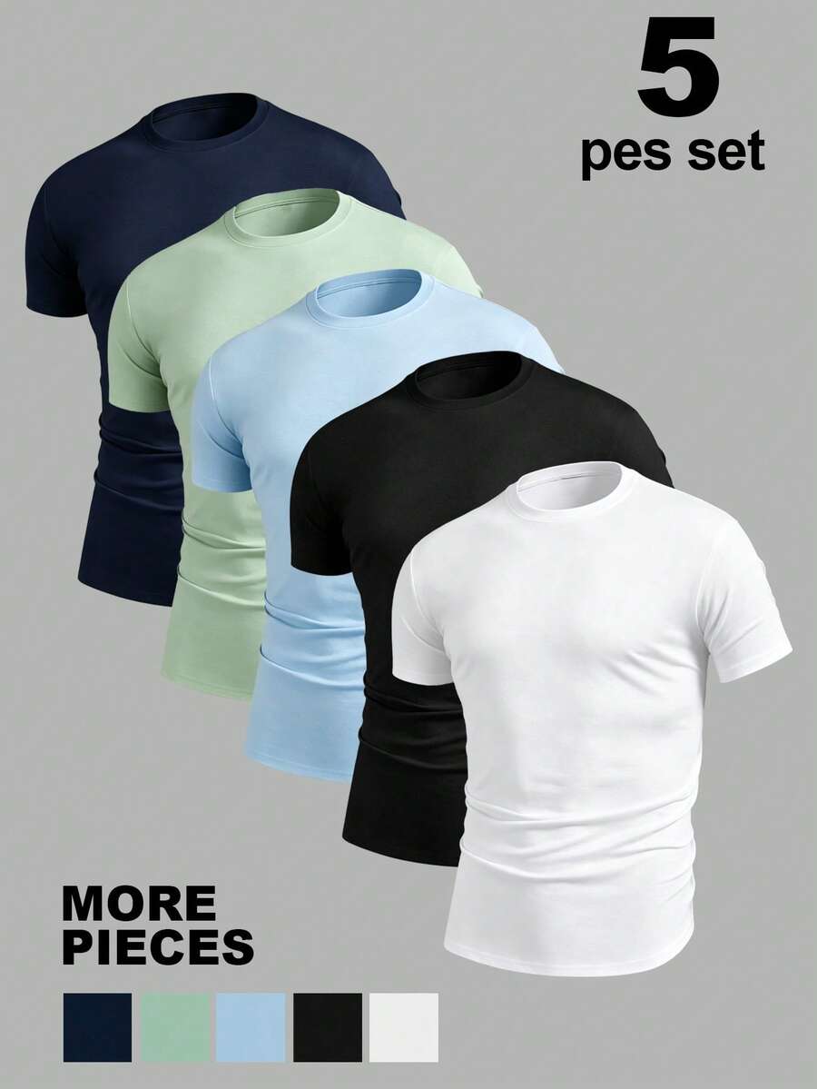 Manfinity LEGND 5pcs/Set Men's Minimalist T-Shirts, Outdoor Sports Tees - Baby Blue - View 1