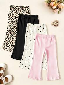 4pcs/Set Baby Girl Solid Color Elastic Waist Bell-Bottom Pants/Trousers, Cute Leopard Print & Heart Design, Casual Set, Spring & Summer Wear - Multicolor - View 2