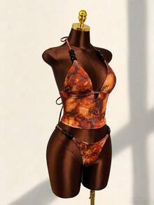 Swim Vcay Bộ bikini hai mảnh gợi cảm màu hổ phách họa tiết da báo, đính cườm, dây mảnh, thích hợp cho kỳ nghỉ biển. - Nhiều màu - Xem 3