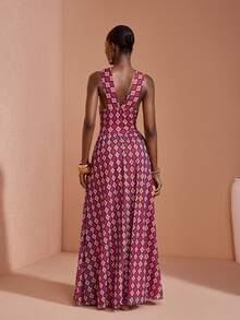 JIAN LASALA All-Over Print Mesh Halter Neck Tie Sleeveless Bustier Cutout Women Bodycon Maxi Dress - Multicolor - View 2