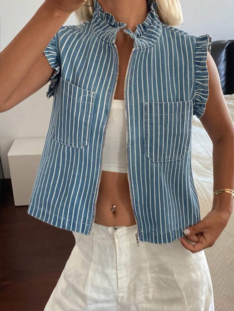 Women's Ruffled Loose Zip-Up Striped Denim Jacket