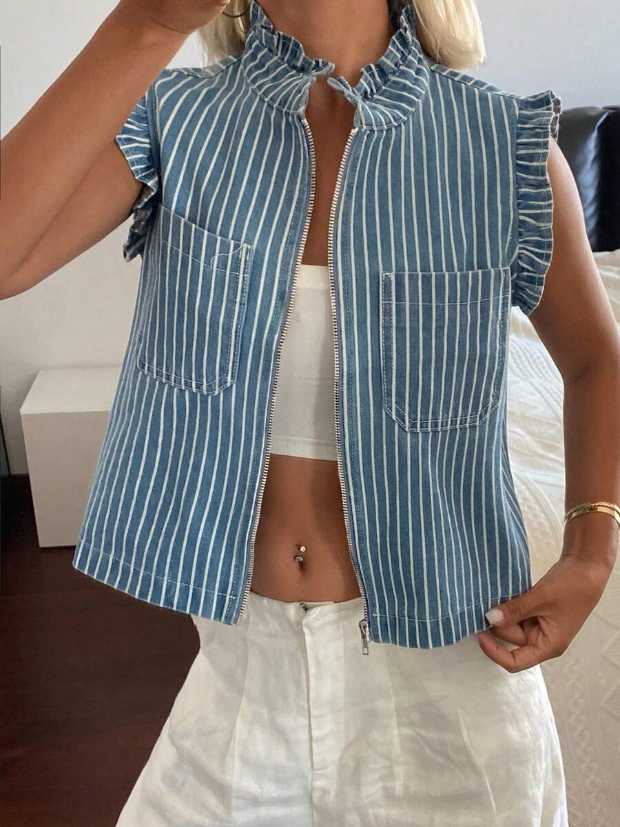 女士荷叶边宽松拉链条纹牛仔外套 - 藍色 - 查看 1