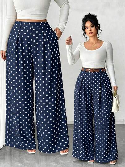 Elenzga Plus Size Women's Solid Color Beige Wide Leg Pants, Elegant Style, Fashionable For Commuting And Office Wear