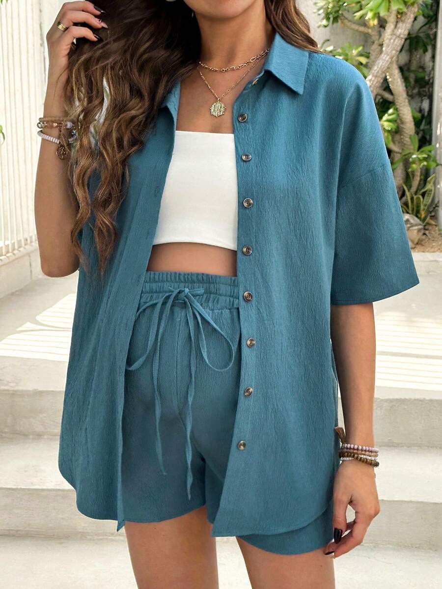 SHEIN 2pcs Women Fashion Casual Wrinkle Collar Short Sleeve Shirt And Drawstring Waist Shorts Set - Navy Blue - View 1