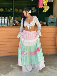 Sunnyshic Plus Size Women's Casual Vacation Commute Dopamine Colorblock Summer Skirt - Multicolor - View 5