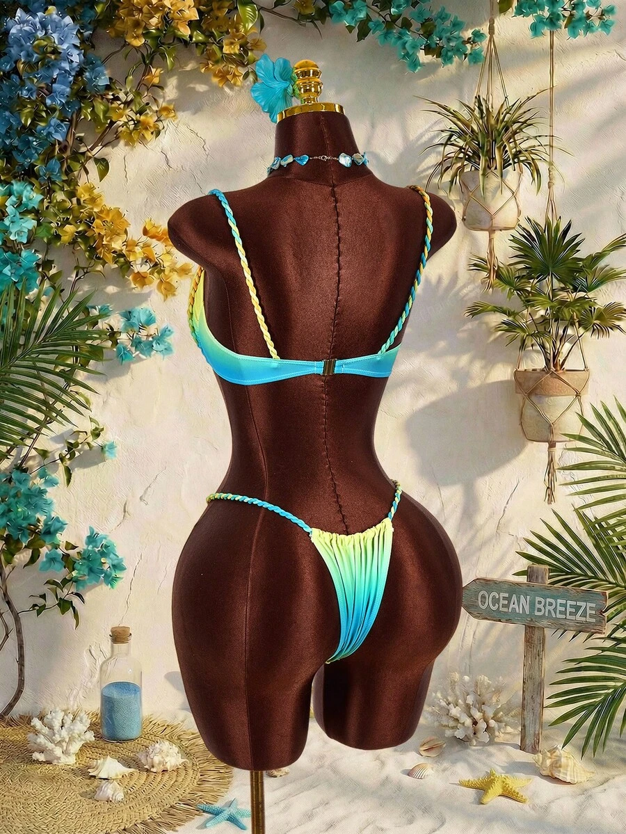 Amplova Women's Light Blue Hemp Rope Ombre Swimwear Set, & Avant-Garde Front Ruching Summer Beach Outfits,Casual Holiday Vacation Summer Festival Outfit - Multicolor - View 1