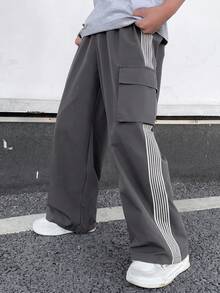 SHEIN 儿童/青少年男童休闲百搭舒适彩色织带字母印花直筒宽松纯色长裤，适合通勤、上学、日常休闲、旅行、运动，春夏秋冬皆宜。 - 灰色 - 查看 6