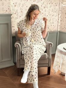 CottageSlumber Plus Size Ditsy Floral Ruffle Trim Round Neck Drawstring Tassel Decor Woven Pajama Set - Beige - View 6