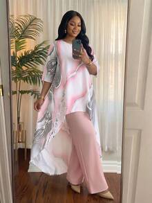 SHEIN Lady CURVE 大码休闲短前长后上衣和粉色裤子两件套 - 粉色 - 查看 4