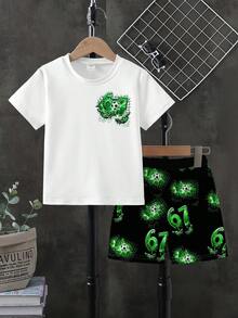 1套青少年男孩夏季足球黑綠配色#67號碼印花短袖T恤與短褲套裝，必備夏季休閒運動裝！#67號碼T恤 + 全身印花足球短褲2件套，舒適運動2件套，號碼足球塗鴉套裝 - 彩色 - 查看 4
