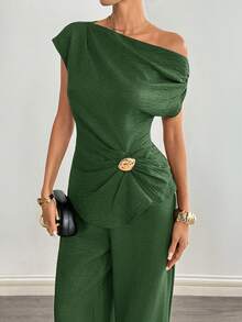 Nuevo conjunto con decoración metálica en el hombro para mujer en color marrón - Verde - Ver 8