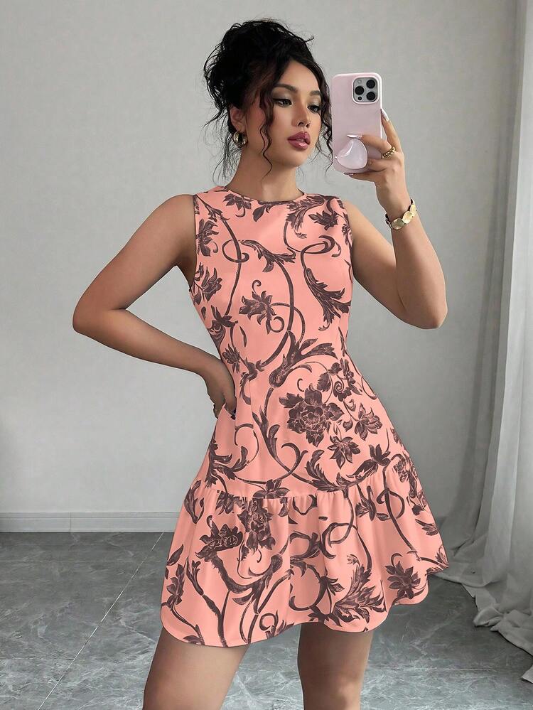 Elenzga Đầm ngắn nữ không tay cổ tròn in hoa, thắt eo, kiểu dáng mới nhất, thích hợp cho mùa xuân và hè. - Nhiều màu - Xem 3