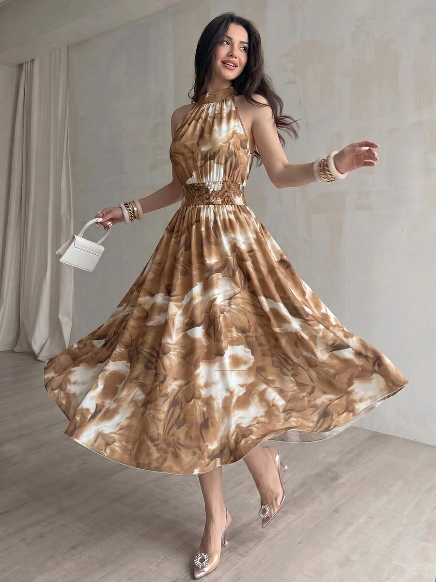 Modelyn 女士蓝色扎染印花无袖吊带腰部系带A字连衣裙