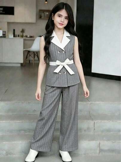 Bộ đồ 2 mảnh kẻ sọc cho bé gái, áo blazer không tay kèm thắt lưng + quần ống rộng, trang phục trang trọng nhưng vẫn thoải mái cho đám cưới/tiệc tùng/công sở, màu xám thanh lịch, chất liệu giả vải lanh, ve áo và dây thắt lưng màu trắng tương phản, đồng phục mùa xuân hè.