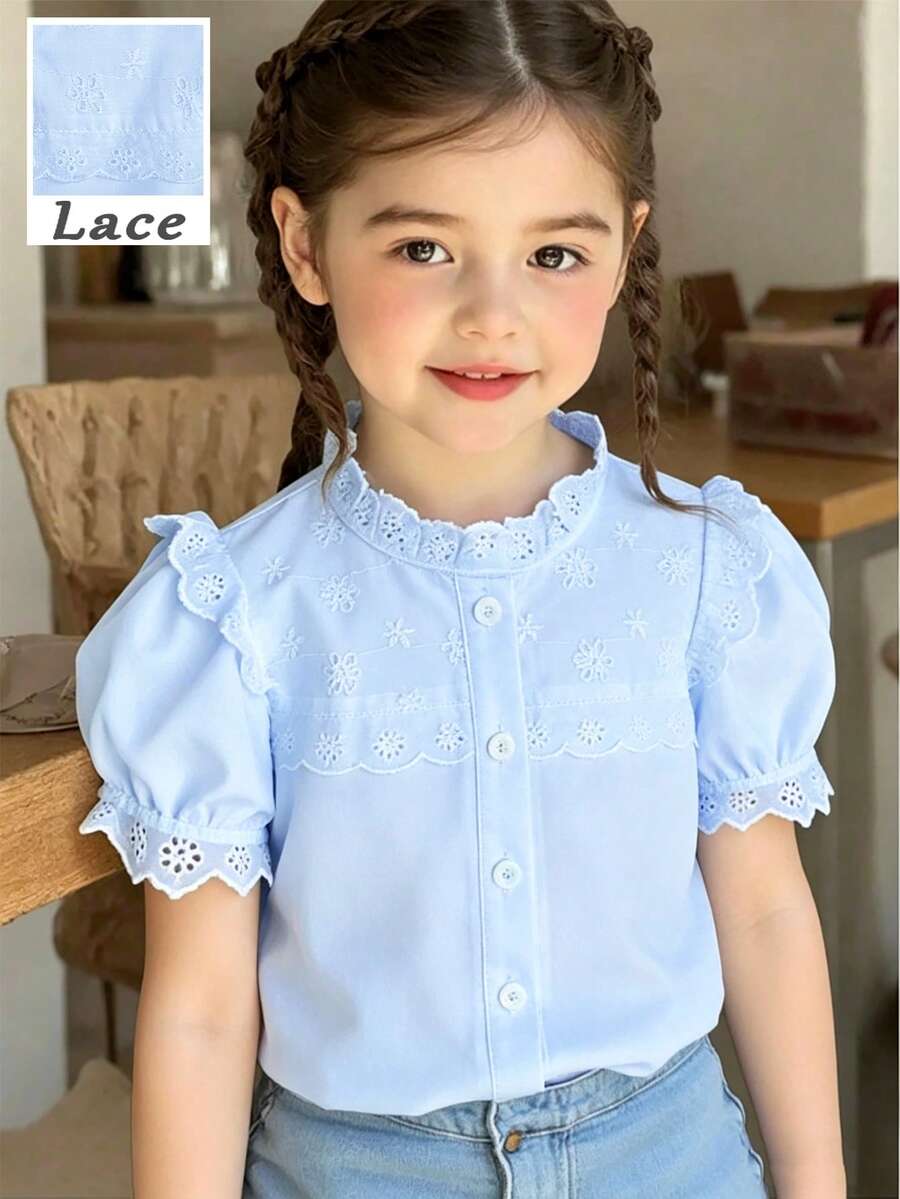 SHEIN Elladie kids 女童休閒花卉荷葉邊泡泡袖純色襯衫,適合夏季休閒外出 - 淺藍色 - 查看 1