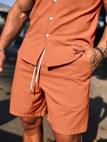 Manfinity Homme Men's Casual Set With Front Button Short Sleeve Shirt And Drawstring Waist Shorts - Orange - View 6