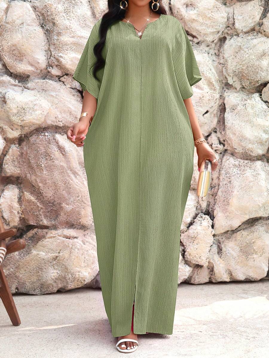 SHEIN Lady 秋冬季工作绿色缺角蝙蝠袖卡夫坦连衣裙大码连衣裙度假装女装沙滩装女装沙滩度假连衣裙婚礼宾客连衣裙女装商务休闲女装舞会礼服 - 薄荷綠 - 查看 1