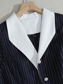 GlowEve CURVE 大码春夏撞色条纹拼接金色纽扣装饰无袖女式西装外套 - 藍色 - 查看 7