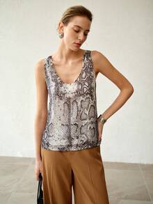 MOTF PREMIUM LIGHTWEIGHT SNAKE SKIN PRINT TANK TOP, ANIMAL PRINT, VINTAGE SEXY STYLE, SPRING/SUMMER GOING OUT GREY - Black - View 5
