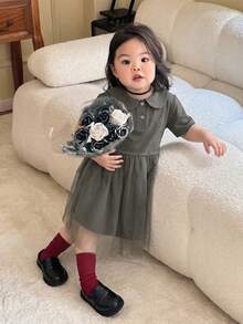Dazy Kids Vestido casual de cuello redondo de malla y parches para niñas bebé de longitud media - Gris - Ver 4