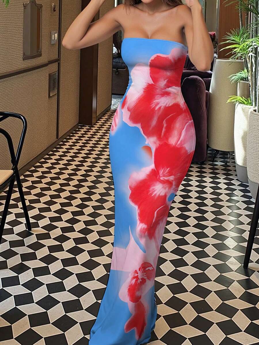 女士随机印花抹胸迷你连衣裙 - 彩色 - 查看 1