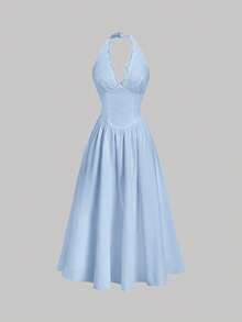 SHEIN MOD Women's Summer Vacation Solid Color Hollow Embroidery Cinching Waist Neck Mid-Length Dress - Blue - View 3