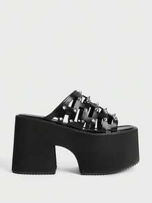 Sugerpunk Giày nữ - Giày sandal đế cao thời trang nữ - Dép hở gót phong cách punk mùa hè, trang trí đinh tán - Dép lê nữ đơn giản, thoải mái và thoáng khí - màu đen - Xem 1