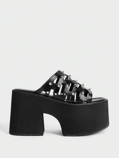 Sugerpunk Sandalias de plataforma de moda para mujer - Sandalias simples y cómodas de estilo punk de verano con decoración de remaches - Zapatillas transpirables y de fácil deslizamiento para mujer