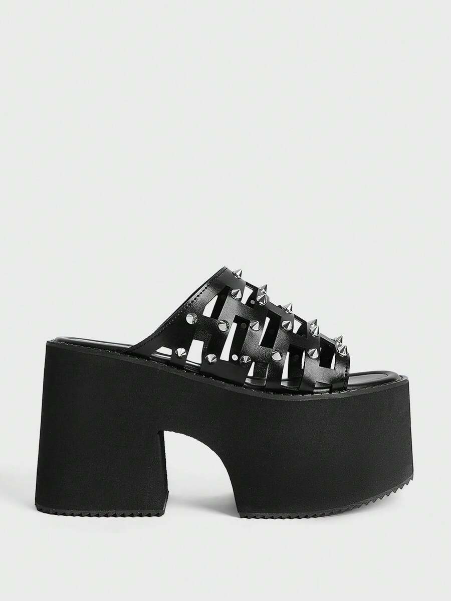 Sugerpunk Giày nữ - Giày sandal đế cao thời trang nữ - Dép hở gót phong cách punk mùa hè, trang trí đinh tán - Dép lê nữ đơn giản, thoải mái và thoáng khí - màu đen - Xem 1