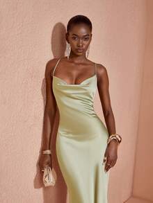 JIAN LASALA Elegant Sexy Satin Spaghetti Straps Drape Neck Sleeveless Mermaid Maxi Dress Wedding Party Sage Green Summer - Green - View 7