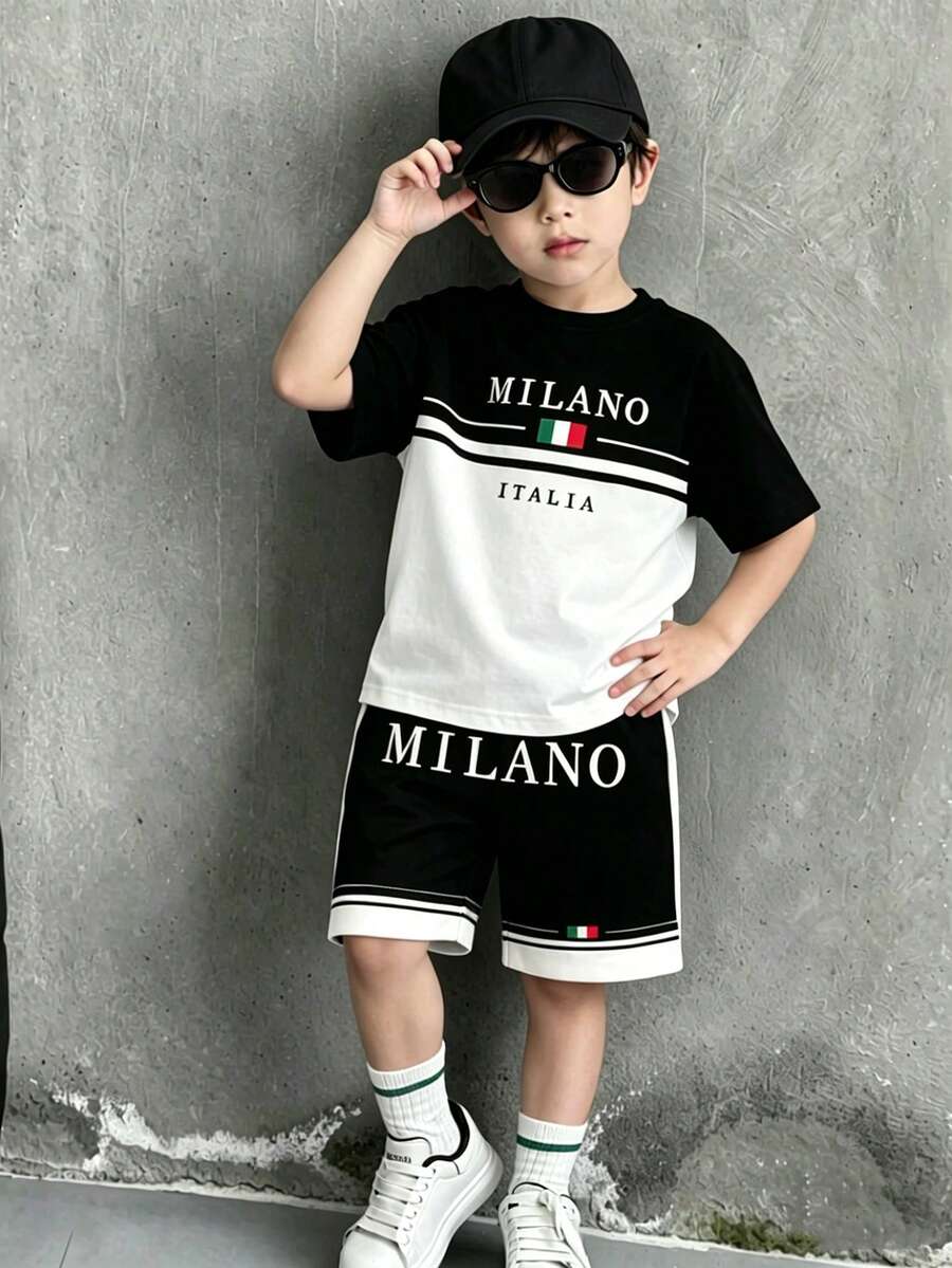 Bộ 2 món đồ thường ngày thoải mái, đa năng dành cho bé trai, áo thun ngắn tay mềm mại và quần short thể thao, phong cách đường phố cá tính với họa tiết chữ đen trắng tương phản, hoàn hảo cho mùa hè, mặc thường ngày, đi học, hoạt động ngoài trời, chụp ảnh, trường học, lễ hội, quà tặng. - Nhiều màu - Xem 1