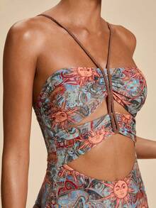 SHEIN TRVLCHIC Women's All-Over Print Halter One-Piece Swimsuit, Suitable For Beach Vacation, Pool Party, Beach Party - Multicolor - View 6