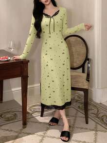 DAZY Bow Print Contrast Color Lace Patchwork Waist Maxi Nightgown For Women - Green - View 4