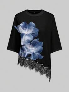 Modelyn 女士休闲纯色不对称下摆蕾丝拼接T恤，百搭日常穿着，春夏休闲上衣，适合度假、夏季、春季、春假及各种场合，包括沙滩装、休闲衬衫、外套和夏季上衣。 - 彩色 - 查看 2