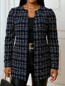 SHEIN Lady CURVE Plus Size Women's Elegant Plaid Print Front Open Coat For Wedding Guest, Teacher Winter Fall Autumn - Black - View 5