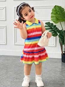 Đầm dự tiệc thường ngày kẻ sọc phối bèo nhún cho bé gái - Màu vàng - Xem 5