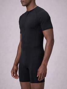 ZELFYO Men's Couple One-Piece Swimsuits, Suitable For Water Sports, Beach Vacations, Couple Beachwear, Summer Beach Vacations, Beach Parties, Men's Swimwear, Beach Sets, Men's Holiday Sets, Valentine's Day Sets, Summer Sets, Men's Valentine's Day Sets. Men's Fashion Beach Couple Shorts, Men's Solid Color Raglan Sleeve Zipper Front Casual Jumpsuit Swimsuit Couple Swimwear Couples Bathing Suit Sets Couples Swim Sets Couple Bathing Suit Set Black Swimwear - Black - View 4