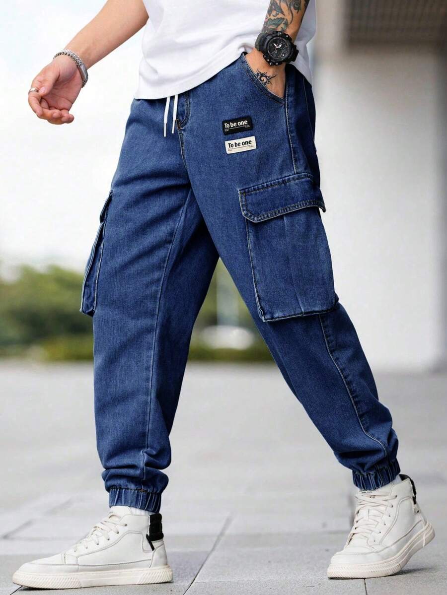 Manfinity Homme Men's Plus Size Denim Jeans With Pockets And Drawstring Waist - Medium Wash - View 1