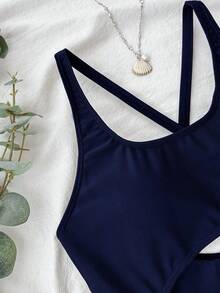Teen Girls Navy Blue Casual Fashion U-Neck Hollow-Out One-Piece Swimsuit, Minimalist Stylish Design, Suitable For Swimming And Beach Wear - Navy Blue - View 6