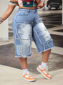 Slaydiva Plus Size Women's Non-Stretch Jeans, American Casual Brand Design Distressed Wash Frayed Hem Straight Leg Capri Jeans, Cowboy Outfits For Women - Blue - View 5
