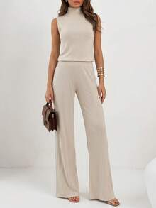 EURMUSE White Ribbed Knit Sleeveless Top & Wide Leg Pants Two Pieces Set - White - View 1