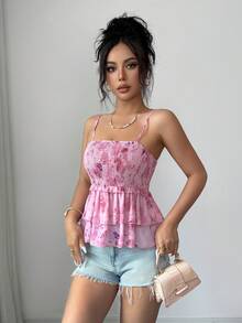 Elenzga Women's Casual Vacation Chiffon Butterfly Print Asymmetric Layered Camisole, Summer Tank Top - Pink - View 5
