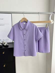 Bộ 2 món áo polo tay ngắn cổ bẻ dáng rộng thoải mái cho bé trai, thích hợp cho mùa xuân/hè, đi chơi, ngày Valentine, hẹn hò, du lịch, nghỉ lễ, họp mặt gia đình, tựu trường, đám cưới, tiệc tùng, thể thao, sinh nhật. - Màu tím - Xem 3
