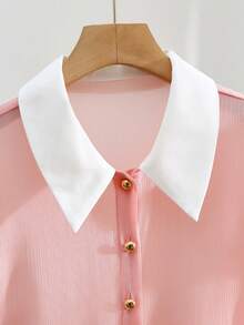 SHEIN Franclia Áo sơ mi cơ bản tối giản dành cho nữ, thích hợp mặc hàng ngày, với cổ và tay áo nhún bèo, chất liệu chiffon xếp ly, kiểu dáng dễ thương màu hồng. - Hồng - Xem 3