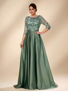 Serin Đầm maxi sang trọng, thanh lịch với chất liệu satin, đính hạt, sequin, ren, tay áo voan mỏng và eo xếp ly, thích hợp cho đám cưới, tiệc tùng, kỳ nghỉ, cô dâu, mẹ cô dâu. - màu xanh lá - Xem 4