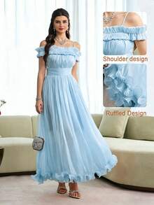 Modelyn Váy nữ màu xanh nhạt thanh lịch cho khách mời đám cưới mùa hè, váy phồng dáng dài chữ A ôm sát trễ vai bèo nhún kiểu Pháp thời trang dạo phố tiệc tùng nghỉ dưỡng - Màu xanh lam - Xem 8