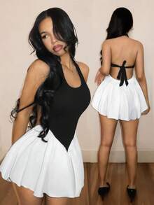 SHEIN BamGlam Black And White Colorblock High Waisted Backless A-Line Short Dress,Women's Summer Seksi Chic Club Night Streetwear,Casual Comfortable Stretchy Slim - Black and White - View 8