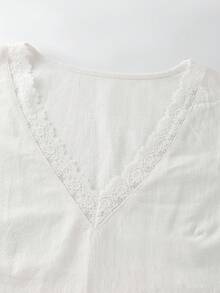 SHEIN LUNE White Origin Cotton V-Neck Short Sleeve Ruffle Casual Elegant Blouse For Women Brunch Summer - White - View 3