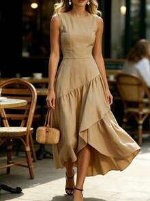 SHEIN Đầm không tay cổ vuông thanh lịch kiểu Pháp, thiết kế xếp ly bất đối xứng ở gấu đầm, thích hợp cho công sở và kỳ nghỉ. - Màu be - Xem 7
