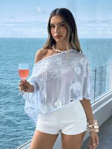 Aloruh Blue Sequin Embroidered Off-Shoulder Top, Y2K Sexy Sheer Crop Top - Blue - View 6